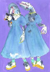  2021 absurd_res alternative_fashion anthro biped black_body blue_clothing blue_footwear blue_shoes claws clothed clothing colored_nails dress female footwear hi_res holding_object jewelry kyokyota legwear leopard_seal mammal marine markings multiple_angles nails necklace open_mouth painting_(artwork) pinniped plushie portrait purple_background seal sharp_teeth shoes simple_background smile sneakers socks solo spots spotted_body standing teeth traditional_media_(artwork) watercolor_(artwork) whiskers white_body 