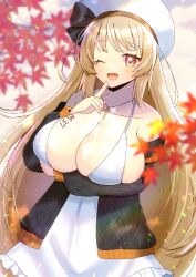  ;d beret black_jacket blonde_hair blurry blurry_background blurry_foreground breasts cleavage commentary_request commission cross depth_of_field dress female finger_to_mouth hat huge_breasts jacket kou_hiyoyo long_hair long_sleeves looking_at_viewer one_eye_closed open_mouth original puffy_long_sleeves puffy_sleeves skeb_commission smile solo very_long_hair white_dress white_hat 