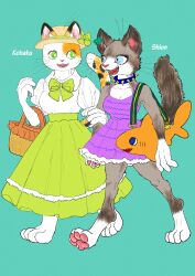  2021 absurd_res alternative_fashion anthro barefoot blue_eyes calico_cat clothed clothing collar domestic_cat dress duo ear_piercing feet felid feline felis female fur hat headgear headwear hi_res kyokyota mammal pawpads paws piercing ribbons simple_background smile spiked_collar spikes tail whiskers white_body white_fur 