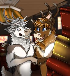  anthro arm_tuft blue_eyes brown_body brown_fur brown_hair chest_tuft deer duo elbow_tuft eye_contact fur glistening glistening_eyes grey_body grey_fur grin hair hi_res inside kodaac looking_at_another male male_anthro mammal one_eye_closed open_mouth open_smile orange_eyes short_hair smile tuft white_body white_fur white_hair 