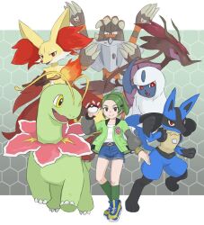  2025 absol ambiguous_gender antennae_(anatomy) anthro barbaracle bottomwear brown_eyes canid canine claws clothing delphox dragalge fangs female feral fire footwear fur generation_2_pokemon generation_3_pokemon generation_4_pokemon generation_6_pokemon green_body green_hair group hair holding_object horn human inner_ear_fluff looking_at_viewer lucario mammal meganium multicolored_body nintendo open_mouth pattern_background paws pokeball pokemon pokemon_(species) red_body red_eyes red_fur shoes shorts simple_background socks spikes spikes_(anatomy) stick tail teeth tongue tuft white_body white_fur yellow_body yellow_eyes yellow_fur ylit 