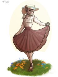  3_fingers absurd_res alien bioware boots clothed clothed_female clothing dark_sclera digitigrade digitigrade_footwear dress electronic_arts feet female fingers flower footwear fully_clothed fully_clothed_female furgonomic_footwear furgonomics gloves grass handwear happy hat headgear headwear hi_res holding_clothing holding_dress holding_object human looking_away mammal mass_effect meadow plant shoes solo standing toes turian warjenkins yellow_eyes 