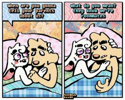  2_panel_comic anthro bed bingus_(rawdawgcomics) bird_dog blep canid canine canis dialogue domestic_dog duo ears_down english_text floppy_ears fur furniture golden_retriever half-closed_eyes humor hunting_dog lagomorph leporid lying lying_on_bed male mammal narrowed_eyes on_bed open_mouth open_smile pivoted_ears rabbit rawdawgcomics retriever smile speech_bubble stahli_(rawdawgcomics) teeth text tongue tongue_out tooth_gap under_covers white_body white_fur wide_eyed yellow_body yellow_fur 