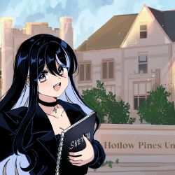  :d black_choker black_hair black_jacket black_nails blue_hair book breasts bush choker cleavage collarbone colored_inner_hair commentary cross cross_choker day double-parted_bangs ear_piercing english_commentary female fingernails grey_eyes hair_between_eyes highres holding holding_book house jacket long_hair long_sleeves looking_at_viewer multicolored_hair nail_polish open_mouth original outdoors piercing ryuuxin sadie_(ryuuxin) selfie smile solo two-tone_hair upper_body 