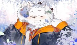  anthro bincon_(utau) canid canine closed_eyes clothed clothing fur grin half-length_portrait jacket kurotero male mammal portrait smile solo standing topwear utau white_body white_fur 