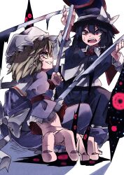  2girls absurdres alternate_eye_color arm_garter black_capelet black_hat black_skirt blonde_hair bow bowtie buttons capelet collared_shirt cosplay dark_persona dress dress_shirt evil_grin evil_smile fighting gap_(touhou) grin hat hat_bow highres long_dress long_sleeves looking_at_another maribel_hearn maribel_hearn_(cosplay) mob_cap multiple_girls muraryo nail_polish purple_dress red_arm_garter red_bow red_bowtie red_eyes road_sign sash shirt sign skirt sleeve_cuffs smile surprised sweat teeth touhou upper_teeth_only usami_renko white_background white_bow white_hat white_sash white_shirt yakumo_yukari yellow_eyes 