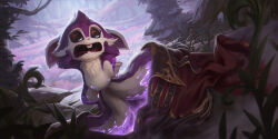  2020 2_tails ambiguous_gender anthro buckteeth clothing dao_trong_le digital_media_(artwork) dutch_angle featureless_crotch forest fur grass hi_res league_of_legends legends_of_runeterra magic mammal multi_tail official_art open_mouth outside plant purple_body purple_fur riot_games rodent sciurid shocked short shrinking size_transformation solo surprised tail teeth tencent transformation tree tree_squirrel white_body white_fur 