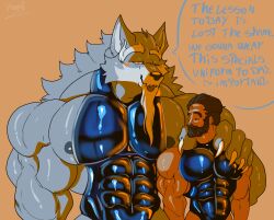  age_difference aged_up anthro barazoku beard blush canid canine canis claws clothing dialogue duo facial_hair finger_claws hi_res human latex latex_clothing law_(sdorica) male male/male mammal mature_anthro mature_male muscular muscular_anthro muscular_male nipples ocxcanon older_anthro older_human pinumontbalou sdorica size_difference tight_clothing wolf 