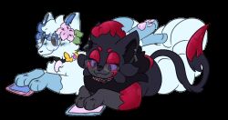  2_frame_animation accessory alolan_form alolan_vulpix alpha_channel ambiguous_gender animated anthro black_body black_fur blinking blue_blush blue_body blue_fur blush collar duo ear_piercing ear_ring eyewear fangs flower flower_in_hair fur fusion generation_1_pokemon generation_5_pokemon generation_7_pokemon glasses hair hair_accessory neoncityrain nintendo nyeon_(neoncityrain) pawpads paws piercing pixie_(icefoxofcamelot) plant pokemon pokemon_(species) pokemon_fusion purrloin regional_form_(pokemon) ring_piercing tablet teeth vulpix wearing_glasses white_body white_fur zorua 