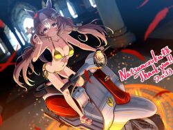  animal_ears artist_name badluck2033 bare_shoulders bikini blush breasts brown_eyes brown_hair church cleavage collarbone commission commissioner_name cross embers english_text female ferrari gold_bikini hair_between_eyes hair_ornament holding holding_cross horse_ears horse_girl horse_tail indoors long_hair looking_at_viewer low_twintails magic_circle medium_breasts motor_vehicle motorcycle multicolored_hair navel on_motorcycle side-tie_bikini_bottom smile solo swimsuit tail twintails two-tone_hair umamusume white_hair yamanin_zephyr_(umamusume) 