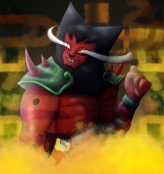  andromorph anthro armor black_body black_fur chilanime felid feline fur hi_res intersex jiequan_(nine_sols) male mammal muscular muscular_anthro muscular_male nine_sols red_body red_candle_games red_eyes smile solarian solo 