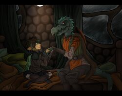 anthro blue_eyes brown_hair clothed clothing duo eye_contact female female_humanoid gelfling hair hand_holding humanoid inside kodaac looking_at_another male male_anthro mouth_closed open_mouth raining red_sclera sitting skeksis teeth 