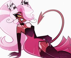  armwear black_lips black_lipstick clothed clothing crossdressing demon dress elbow_gloves eyeshadow feminine gloves grin grinning_at_viewer hair handwear heart_(marking) hellaverse helluva_boss hi_res himejoshimaster humanoid imp legwear lips lipstick long_hair looking_at_viewer makeup male markings scar seductive slit_dress smile smiling_at_viewer solo thigh_highs tight_clothing wally_wackford 