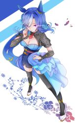  admire_groove_(umamusume) animal_ears black_thighhighs blue_dress blue_hair breasts cleavage cleavage_cutout closed_mouth clothing_cutout detached_sleeves dress ear_covers eye_trail female flower hairband highres horse_ears horse_girl horse_tail light_trail long_hair medium_breasts multicolored_hair necktie petals purple_eyes red_necktie reishi_(litvyak) see-through_clothes see-through_sleeves shoes short_necktie short_sleeves smile solo streaked_hair tail thighhighs umamusume white_hair white_streaks 