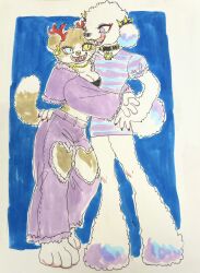  2021 alternative_fashion anthro barefoot blue_eyes bottomwear bra breasts brown_body brown_fur calico_cat canid canine canis claws cleavage clothed clothing collar crop_top denim denim_bottomwear denim_clothing domestic_cat domestic_dog duo ear_piercing ear_ring facial_piercing fangs feet felid feline felis female floppy_ears fluffy fur hand_on_hip hi_res hug jeans jewelry kyokyota licking mammal necklace nose_piercing nose_ring open_mouth pants pattern_clothing pattern_topwear pawpads paws piercing poodle ring_piercing septum_piercing shirt simple_background smile standing striped_clothing stripes tail teeth tongue tongue_out topwear torn_bottomwear torn_clothing torn_pants traditional_media_(artwork) underwear white_body white_fur yellow_eyes 