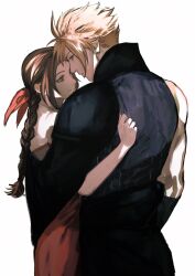  1boy aerith_gainsborough arm_around_back armor bare_shoulders black_gloves black_sleeves black_vest blonde_hair blue_eyes braid braided_ponytail brown_hair cloud_strife commission couple cowboy_shot dress female final_fantasy final_fantasy_vii final_fantasy_vii:_advent_children gloves green_eyes hair_ribbon halter_dress halterneck highres hug kingdom_hearts kingdom_hearts_ii light_smile long_hair looking_at_another ogata69 parted_bangs pauldrons pink_dress pink_ribbon ribbon short_hair shoulder_armor sidelocks single_bare_shoulder single_braid single_pauldron single_sleeve spiked_hair straight vest white_background 