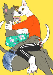  2021 4_toes 5_fingers absurd_res anthro ass barefoot big_breasts black_bottomwear black_clothing black_nose bottomwear breasts brown_body brown_fur canid canine canis claws cleavage closed_eyes clothed clothing colored_nails denim denim_bottomwear denim_clothing denim_shorts digital_media_(artwork) domestic_dog duo ear_piercing ear_ring eyeshadow fangs feet female finger_claws fingers fur grey_body grey_fur hand_on_butt hi_res hug hunting_dog jeans kyokyota larger_female makeup male male/female mammal multicolored_body multicolored_fur nails on_lap open_mouth open_smile painted_claws pants pattern_clothing pattern_topwear piercing pit_bull ring_piercing romantic romantic_couple sharp_teeth shirt shorts simple_background sitting sitting_on_lap size_difference smaller_male smile sweater tail teeth terrier thick_thighs toe_claws toes tongue tongue_out topwear two_tone_body two_tone_fur white_body white_fur yellow_background yellow_eyes 