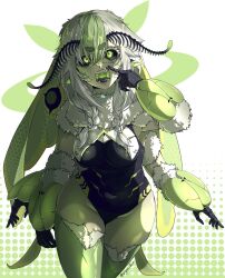  absurdres antennae arthropod_girl black_sclera breasts chitin colored_sclera extra_arms fangs female finger_to_mouth green_eyes green_hair highres indie_virtual_youtuber insect_wings juniper_(artist) juniper_actias medium_breasts moth_antennae moth_girl moth_wings multicolored_hair open_mouth twitter_username uvula virtual_youtuber white_background white_fur white_hair wings 