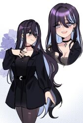  black_choker black_dress black_jacket black_pantyhose blue_hair breasts choker cleavage closed_mouth colored_inner_hair commentary cross cross_choker cross_earrings double-parted_bangs dress earrings english_commentary female hair_between_eyes hand_on_own_chest highres jacket jewelry long_hair long_sleeves looking_at_viewer looking_to_the_side medium_breasts multicolored_hair multiple_views open_mouth original pantyhose purple_hair ryuuxin sadie_(ryuuxin) smile two-tone_hair white_background 