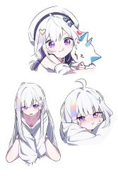  absurdres ahoge ayatsuno_yuni beret blush bow breasts cross_hair_ornament crying crying_with_eyes_open female hair_ornament hat heart heart_hair_ornament highres hood hoodie hug long_hair looking_at_viewer mmhomm multicolored_hair multiple_views pout purple_eyes simple_background stellive tears virtual_youtuber white_background white_hair white_hat white_hoodie 