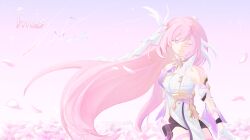  ;) absurdres bare_shoulders breasts chinese_commentary chun_feng_chen_yi commentary_request corset diamond-shaped_pupils diamond_(shape) elysia_(herrscher_of_human:_ego)_(honkai_impact) elysia_(honkai_impact) falling_petals female field flower flower_field gloves highres honkai_(series) honkai_impact_3rd huashijie_(medium) large_breasts long_hair looking_at_viewer multicolored_hair one_eye_closed petals pink_hair purple_eyes smile solo symbol-shaped_pupils triquetra two-tone_hair veil very_long_hair white_corset white_gloves white_hair white_veil 