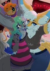  angelfennecfox anthro bed big_ears canid canine clothing fangs female fennec_fox fox furniture gesture group hair hand_gesture hi_res hug mammal multicolored_hair open_mouth plushie pressing_against rags_(trissyfen) scarf selfie size_difference smile stitch_(sewing) string_lights teeth trio tris_(trissyfen) trissyfen true_fox v_sign 