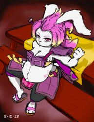  absurd_res anthro belly big_belly birth_counter breasts clothing dumbydino eyeshadow female footwear fur gunfire_reborn hair hi_res lagomorph leporid makeup mammal melee_weapon pink_eyeshadow pink_hair pregnancy_tally pregnant pregnant_anthro pregnant_female rabbit red_eyes shoes solo sword tao_(gunfire_reborn) weapon white_body white_fur 