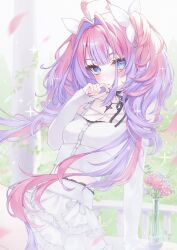  +_+ ahoge blue_eyes blush breasts cleavage commentary falling_petals female fingernails flower garden hair_intakes hair_ribbon highres hololive hololive_dev_is ishikawa_rio kikirara_vivi long_hair long_sleeves looking_at_viewer midriff_peek multicolored_hair nail_polish open_mouth petals pink_flower pink_hair pink_nails purple_hair ribbon shirt skirt sleeves_past_wrists solo sparkle thighs twintails two-tone_hair vase virtual_youtuber white_flower white_ribbon white_shirt white_skirt 