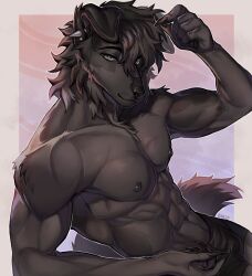  anthro black_body black_fur canid canine canis clothed clothing digital_media_(artwork) domestic_dog dudi dudinhados fur german_shepherd grin hair herding_dog hi_res humanoid looking_at_viewer male mammal muscular muscular_male nipples pastoral_dog simple_background smile solo swimwear tail 