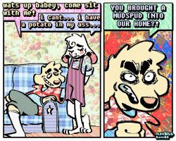  2_panel_comic aloha_shirt anthro bingus_(rawdawgcomics) bird_dog bottomwear bow_tie canid canine canis cheek_spots closed_eyes clothing dialogue domestic_dog duo ears_down english_text flip_flops floppy_ears footwear fur golden_retriever grin half-closed_eyes humor hunting_dog lagomorph leporid male mammal narrowed_eyes overalls pattern_clothing pattern_shirt pattern_topwear pivoted_ears rabbit rawdawgcomics retriever sandals shirt shoes shorts smile socks speech_bubble stahli_(rawdawgcomics) teeth text tooth_gap topwear white_body white_fur wide_eyed yellow_body yellow_fur 