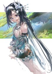  absurdres aqua_sleeves bare_shoulders bird_hair_ornament black_hair black_shorts breasts detached_sleeves female genshin_impact grey_hairband hair_ornament hairband highres lan_yan_(genshin_impact) long_hair looking_at_viewer medium_breasts open_mouth purple_eyes shorts solo wet wet_clothes yu_hydra 