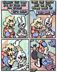  4_panel_comic aloha_shirt anthro bingus_(rawdawgcomics) bird_dog canid canine canis cheek_spots clenched_teeth clothing dialogue domestic_dog duo ear_grab english_text flip_flops floppy_ears footwear fur golden_retriever half-closed_eyes hi_res hoodie humor hunting_dog lagomorph leporid male mammal narrowed_eyes overalls pattern_clothing pattern_shirt pattern_topwear pouting rabbit rawdawgcomics retriever sandals shirt shoes speech_bubble stahli_(rawdawgcomics) teeth text tooth_gap topwear white_body white_fur yellow_body yellow_fur 