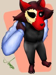  amon amon_wolf bottomwear canid canine canis clothing fur hi_res hybrid male male/male mammal pants paws perspective red_body red_fur shirt skulldog_(species) solo suit topwear wolf 