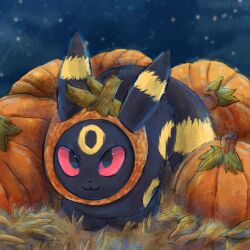  1:1 :3 ambiguous_gender artist_name black_body black_fur catptapathy clothing curled_up eeveelution feral food for_a_head fruit fur fur_markings generation_2_pokemon headgear headwear hi_res loaf looking_at_viewer lying markings moon night nintendo object_head on_front plant pokemon pokemon_(species) pumpkin pumpkin_head red_eyes smile solo star text umbreon yellow_body yellow_fur 