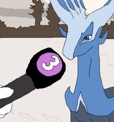  2025 ambiguous_gender blue_body blue_eyes deer_being_interviewed duo electronics feral generation_6_pokemon holding_object human legendary_pokemon low_res mammal meme microphone nintendo pokemon pokemon_(species) richard_roe xerneas xerneas_(neutral_mode) 