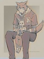  5_fingers anthro artist_name beastars beverage bottomwear canid canine canis cel_shading clothing digital_drawing_(artwork) digital_media_(artwork) drinking duo female fingers footwear haru_(beastars) hoodie lagomorph legoshi_(beastars) leporid looking_at_viewer male mammal monochrome one_eye_closed pants procreate_(artwork) rabbit shaded shirt shoes sitting superstaryoshi6 tail text topwear wink winking_at_viewer wolf 