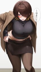  black_skirt black_sweater blonde_hair blue_eyes breasts brown_hair brown_jacket cross cross_necklace deyo_(nicijyou) female glasses highres inazuma_akane_(deyo) jacket jacket_on_shoulders jewelry long_sleeves multicolored_hair navel necklace open_clothes open_jacket open_mouth original panty_straps pantyhose pencil_skirt ribbed_sweater short_hair skirt solo speech_bubble streaked_hair sweat sweater translation_request 