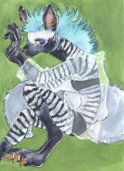  2021 anthro biped black_body black_fur blue_hair bodily_fluids bottomwear claws clothed clothing ear_piercing ear_ring facial_piercing feet female fur green_background hair hi_res hyena kyokyota mammal nose_piercing nose_ring piercing purple_eyes quito_(kyokyota) ring_piercing septum_piercing simple_background sitting solo striped_body striped_hyena stripes tail tears topwear traditional_media_(artwork) translucent translucent_clothing white_body 