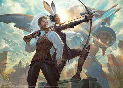  2025 absurd_res aircraft airplane arif_wijaya armor arrow_(weapon) balthier belt bottomwear bow_(weapon) brown_body brown_skin clothing cloud day digit_ring digital_media_(artwork) duo ear_piercing ear_ring female final_fantasy final_fantasy_xii finger_ring fran_(final_fantasy) gun hair hasbro headgear helmet hi_res holding_bow_(weapon) holding_gun holding_object holding_ranged_weapon holding_weapon human humanoid jewelry lagomorph magic:_the_gathering male mammal official_art outside pants piercing plant ponytail ranged_weapon ring_piercing short_hair smile square_enix standing sun vehicle viera weapon white_hair wizards_of_the_coast 