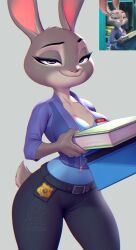  2025 anthro belt book breasts clothing collarbone disney eyebrows eyelashes female fur grey_body grey_fur holding_object judy_hopps lagomorph leporid mammal pakwan008 police_badge purple_eyes rabbit smug solo white_body white_fur zootopia 