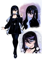  black_choker black_dress black_hair black_jacket black_nails black_pantyhose black_shoes blue_hair breasts choker cleavage closed_mouth colored_inner_hair commentary cross cross_choker cross_earrings double-parted_bangs dress earrings english_commentary female fingernails full_body grey_eyes hair_between_eyes hand_up highres jacket jewelry long_hair long_sleeves looking_at_viewer multicolored_hair multiple_views nail_polish original pantyhose parted_lips ring ryuuxin sadie_(ryuuxin) shoes smile streaked_hair two-tone_hair white_background 