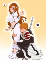  ! 1boy black_kimono bleach blush boots breasts brown_eyes brown_hair closed_eyes couple cropped_vest derivative_work detached_sleeves female full_body furrowed_brow hair_between_eyes hair_ornament high_heel_boots high_heels highres hug inoue_orihime japanese_clothes kimono kurosaki_ichigo large_breasts long_hair long_skirt luvlyroseve midriff on_one_knee orange_hair parted_bangs parted_lips sandals skirt snowflake_hair_ornament socks spiked_hair spoken_exclamation_mark spoken_squiggle squiggle straight sword sword_on_back tabi twitter_username vest weapon weapon_on_back white_boots white_skirt white_socks 