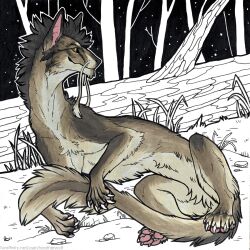  ambiguous_feral ambiguous_gender black_mane brown_body brown_fur cheek_tuft chest_tuft claws crotch_tuft dragon facial_tuft featureless_crotch feral fur furred_dragon furred_scalie glistening glistening_eyes heatherwolf hi_res leg_tuft looking_at_viewer mane mouth_closed mythological_creature mythological_scalie mythology orange_eyes outside pawpads pink_inner_ear pink_pawpads plant scalie solo tail tail_tuft tan_body tan_fur tree tuft white_claws 