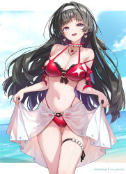  alternate_costume artist_name astra_yao beach bead_necklace beads bikini black_hair blue_sky breasts cleavage cloud commentary_request day earrings female hairband heart heart_earrings highres hong_(white_spider) jewelry large_breasts lifting_own_clothes long_hair looking_at_viewer navel necklace ocean open_mouth outdoors patreon_username purple_eyes red_bikini sky smile solo summer swimsuit thigh_strap thighs wet white_hairband zenless_zone_zero 