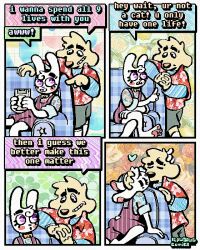  4_panel_comic aloha_shirt anthro bingus_(rawdawgcomics) bird_dog bottomwear bow_tie canid canine canis cheek_spots closed_eyes clothing dialogue domestic_dog duo ears_down english_text floppy_ears fur game_boy game_boy_family golden_retriever grin half-closed_eyes hi_res humor hunting_dog kissing lagomorph leporid male mammal narrowed_eyes nintendo overalls pattern_clothing pattern_shirt pattern_topwear pawpads paws pink_pawpads pivoted_ears rabbit rawdawgcomics retriever shirt shorts smile speech_bubble stahli_(rawdawgcomics) teeth text tooth_gap topwear white_body white_fur wide_eyed yellow_body yellow_fur 