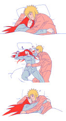  1boy arm_around_shoulder blonde_hair blue_pajamas blue_pants blue_shirt blush breasts closed_eyes couple cuddling drooling female geonseung highres hug light_smile long_hair medium_breasts mouth_drool namikaze_minato naruto_(series) open_mouth pajamas pants pillow pink_pajamas pink_pants pink_shirt red_hair sharp_teeth shirt short_hair sleeping snoring straight teeth under_covers uzumaki_kushina zzz 