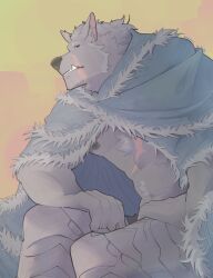  1boy abs animal_ears bara black_fur blaidd_the_half-wolf blue_cape cape dododoonut elden_ring english_commentary fangs fangs_out fur_cape furry furry_male highres leg_armor looking_at_another male_focus muscular muscular_male navel nipples pectorals scar scar_on_chest scar_on_face sitting wolf_boy wolf_ears 