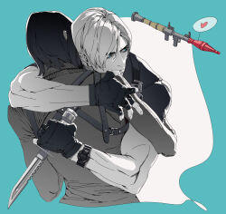  1boy ada_wong aqua_border arm_around_back arm_around_shoulder black_gloves black_hair blonde_hair blue_eyes border breasts chest_harness commentary couple cropped_torso female fingerless_gloves gloves hair_between_eyes harness heart highres holding holding_knife hug knife leon_s._kennedy long_sleeves medium_breasts muscular muscular_male parted_bangs peanut9021 resident_evil resident_evil_4 resident_evil_4_(remake) rocket_launcher short_hair short_sleeves spoken_heart straight sweater symbol-only_commentary turtleneck turtleneck_sweater upper_body watch weapon white_background wristwatch 