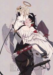  2girls angel_wings ass astra_yao asymmetrical_gloves back bare_shoulders black_gloves black_hair black_pants black_shoes blonde_hair closed_mouth collarbone commentary demon_horns demon_tail demon_wings dress earrings elbow_gloves evelyn_chevalier feathered_wings from_behind gloves grey_background hairband half_gloves halo hand_on_another&#039;s_shoulder high-waist_pants highres horns hug jewelry leg_up long_hair long_ribbon looking_at_another looking_at_viewer maonokiuro multiple_girls necklace open_mouth pants pearl_necklace purple_eyes red_eyes red_shrug red_wings ring_hair_ornament sharp_tail shirt shoes shrug_(clothing) sideways_glance signature single_elbow_glove single_half_glove sleeveless sleeveless_shirt strapless strapless_dress symbol-only_commentary tail thigh_strap tight_clothes tight_pants uneven_gloves white_dress white_hairband white_shirt white_wings wings yuri zenless_zone_zero 