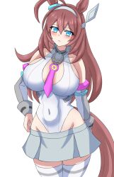  ahoge animal_ears blue_eyes blush breasts brown_hair cowboy_shot detached_sleeves female grey_hairband grey_skirt grey_sleeves hair_between_eyes hairband highres horse_ears horse_girl large_breasts leotard long_hair looking_at_viewer lowleg lowleg_skirt mihono_bourbon_(mb-19890425)_(umamusume) mihono_bourbon_(umamusume) necktie necktie_overhang pink_necktie silver_hairband simple_background skirt solo umamusume white_background white_leotard yamada_yama 